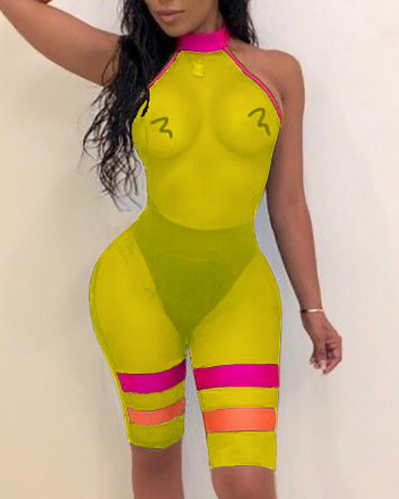 

Sleeveless Mesh Halter Romper, Yellow