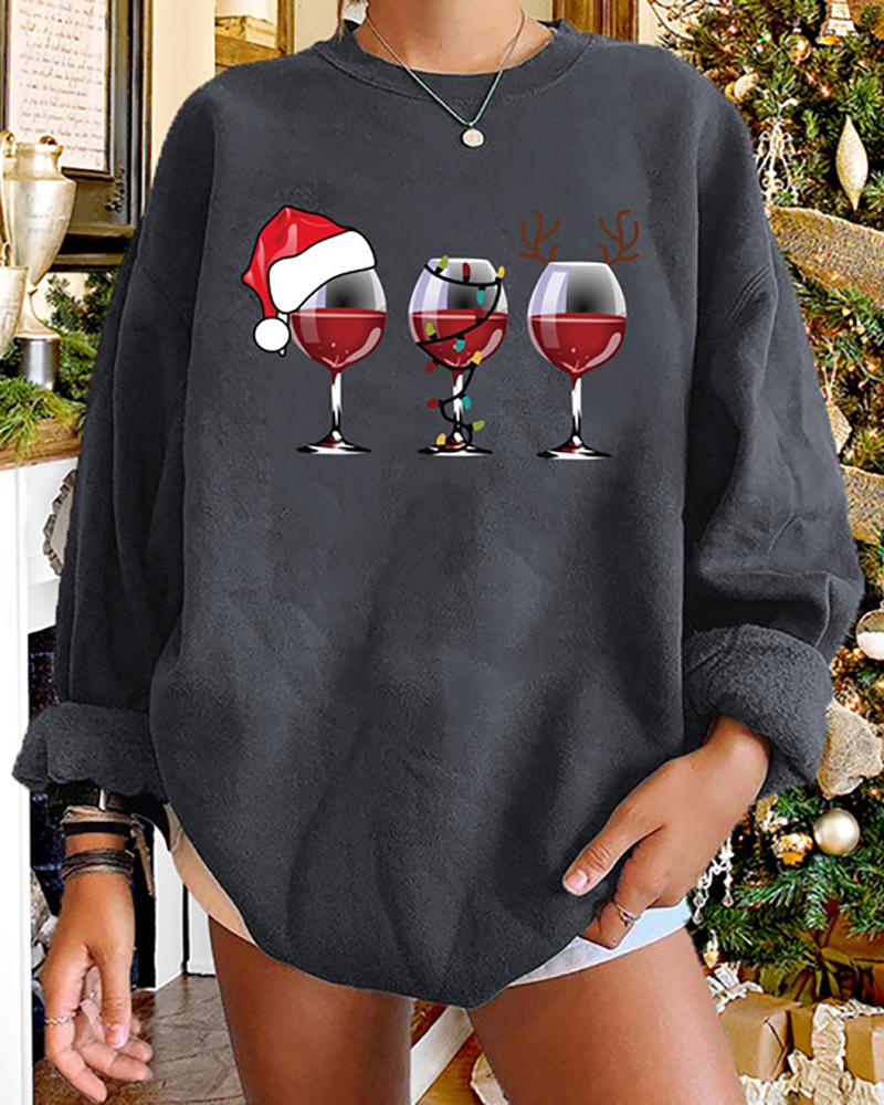

Christmas Wine Glasses Print Long Sleeve Sweatshirt, Gray