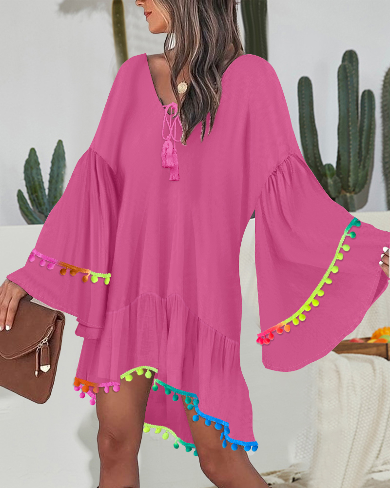

Colorblock V-Neck Bell Sleeve A Line Tassel Mini Dress Vacation Dress, Hot pink