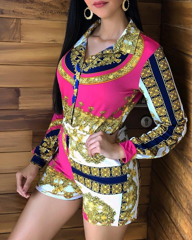 

Lantern Sleeve Baroque Print Romper, Multicolor