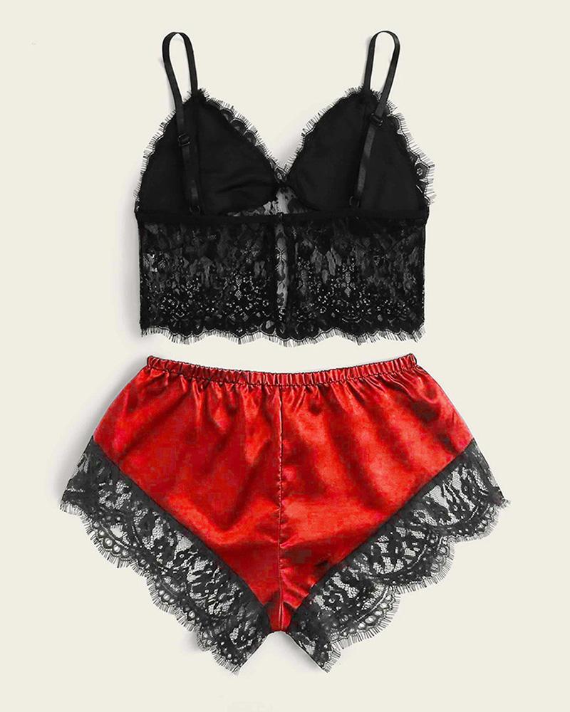 

Eyelash Lace Satin Cami Set, Red