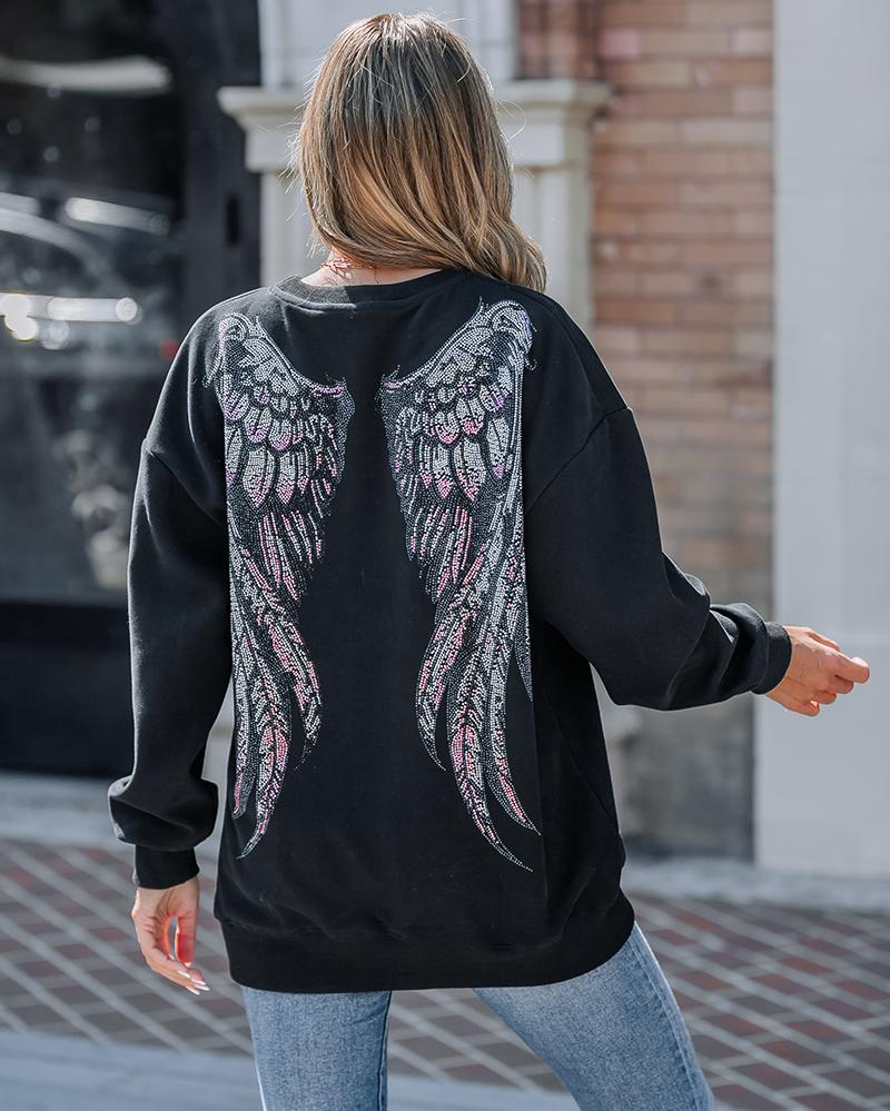 

Sweat-shirt à col rond et épaules tombantes avec motif d'ailes et de lettres en strass, Black