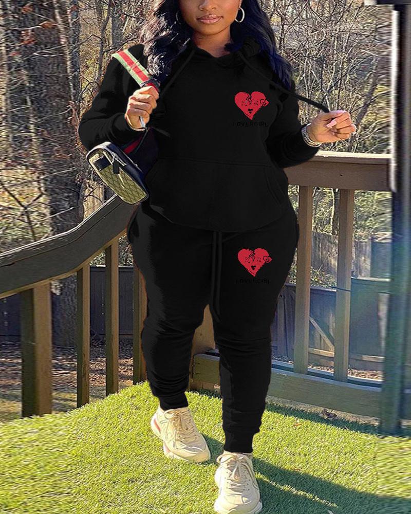 

Plus Size Heart Letter Print Casual Hoodie & Pants Set, Black