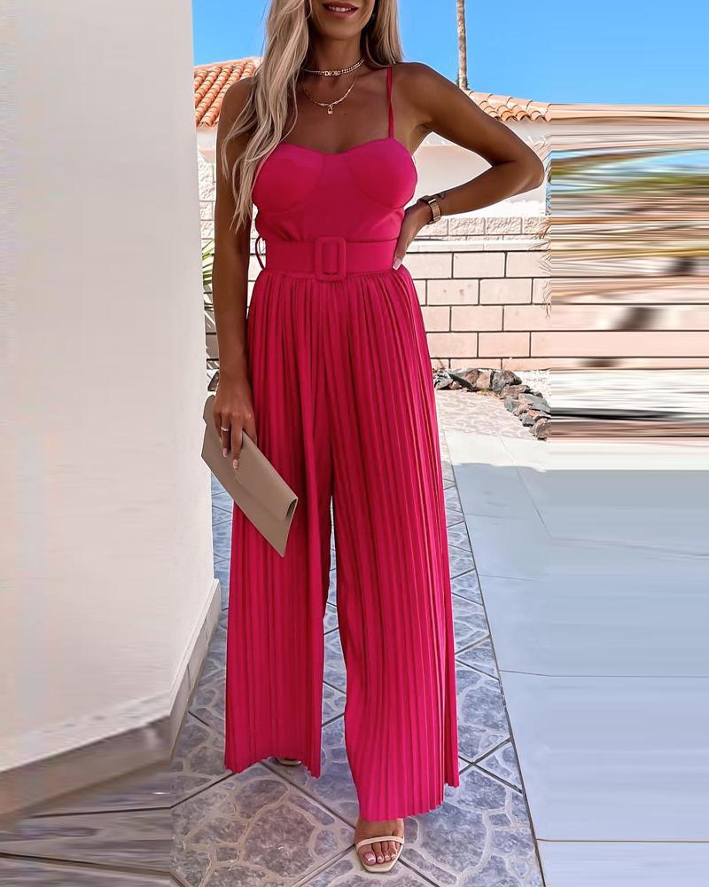 

Spaghetti Strap Pleated Wide Leg Jumpsuit With Belt, Hot pink