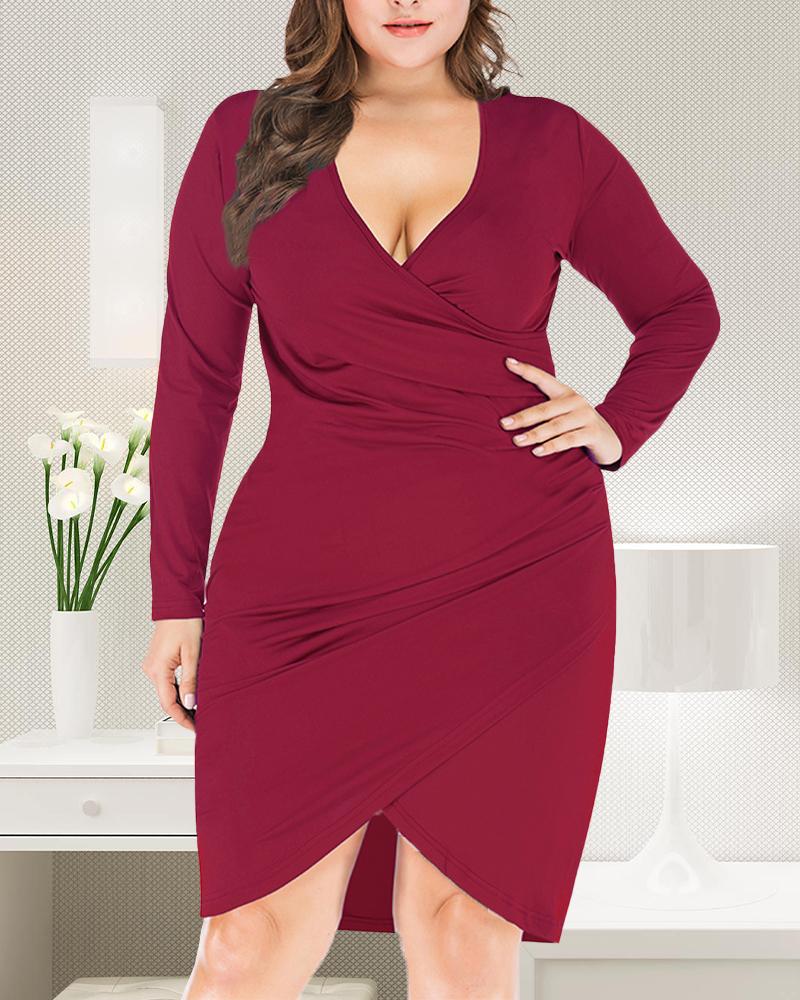 

Plus Size Surplice Neck Long Sleeve Bodycon Dress, Wine red