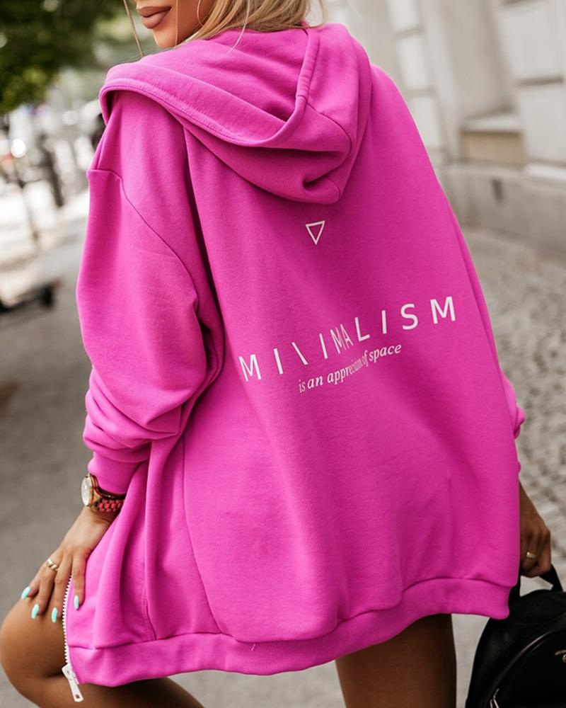 

Letter Print Zipper Pocket Design Hooded Sweatshirt, Hot pink
