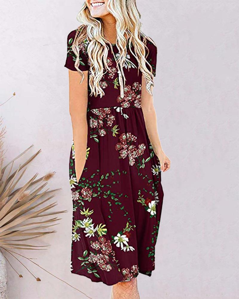

Plus Size Floral Print Pocket Detail Casual Dress, Wine red