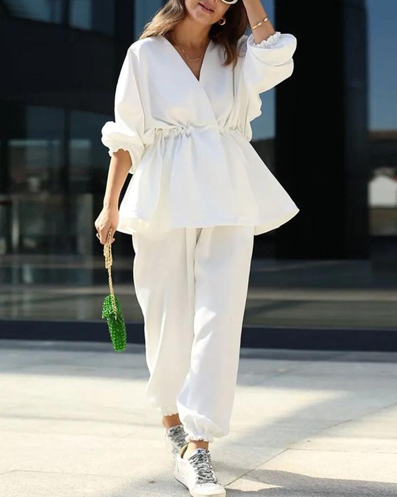 

Lantern Sleeve Drawstring Top & Cuffed Pants Set, White
