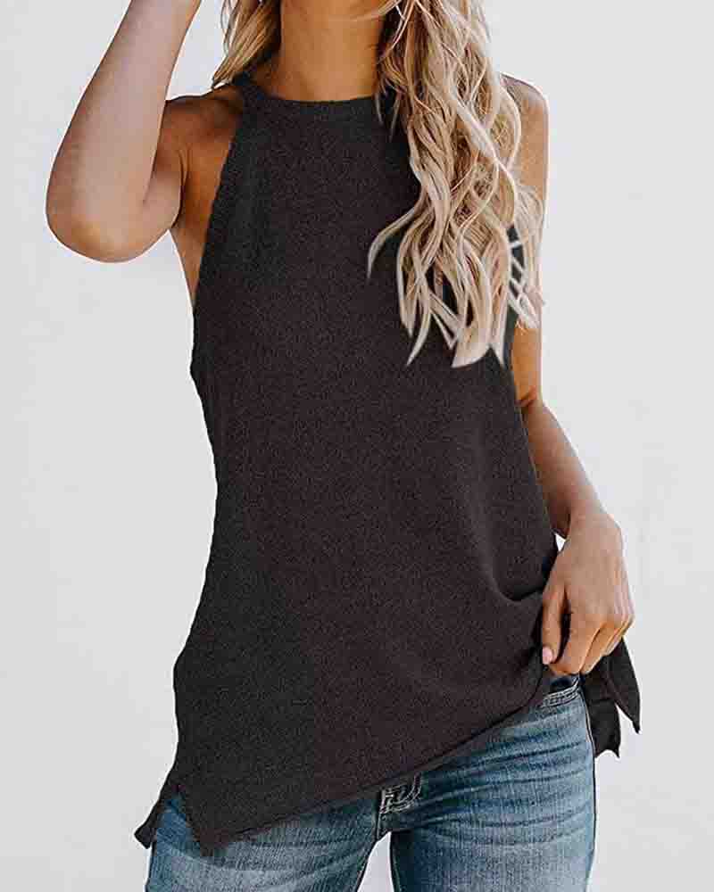 

Sleeveless Plain Side Slit O-neck Top, Black