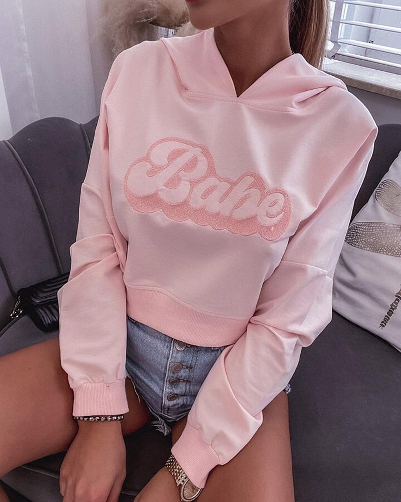 

Letter Embroidery Zip Detail Long Sleeve Hoodie, Pink