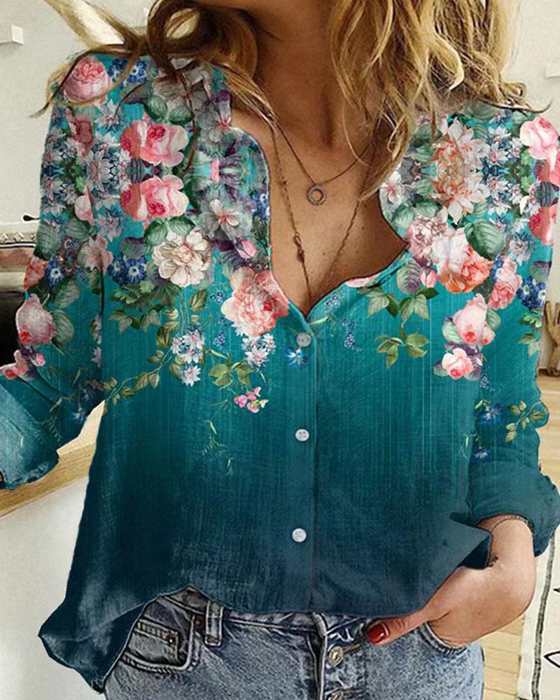 

Floral Print Long Sleeve Button Down Shirt, Green