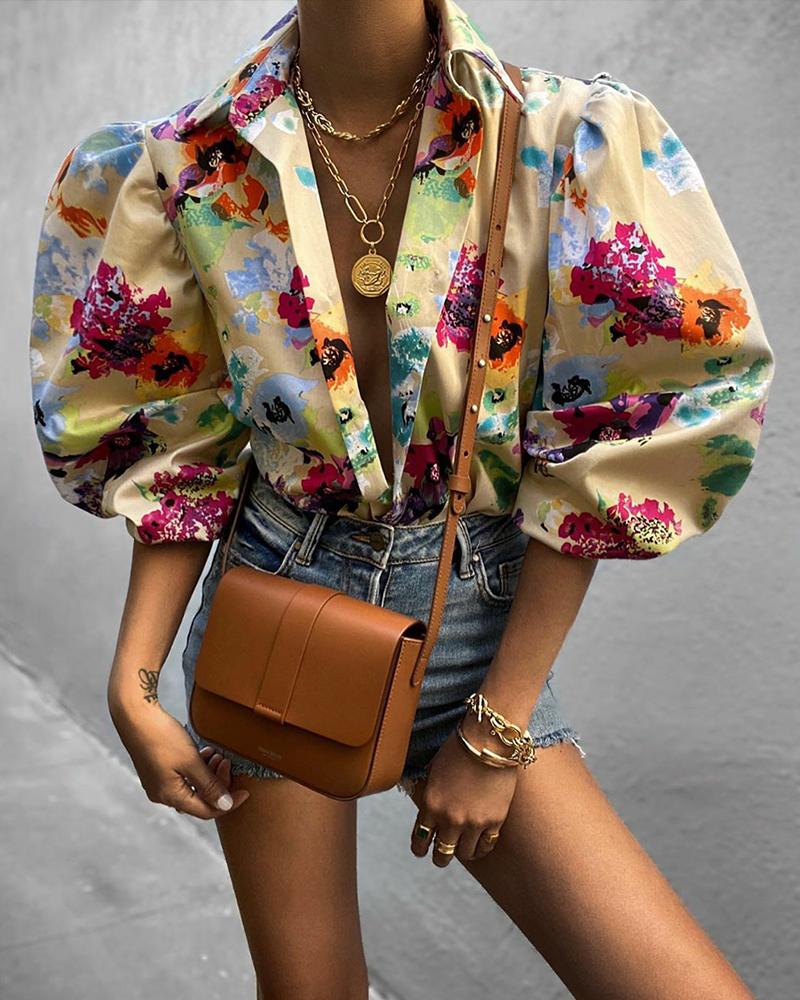 

Floral Print Puffed Sleeve Top, Multicolor