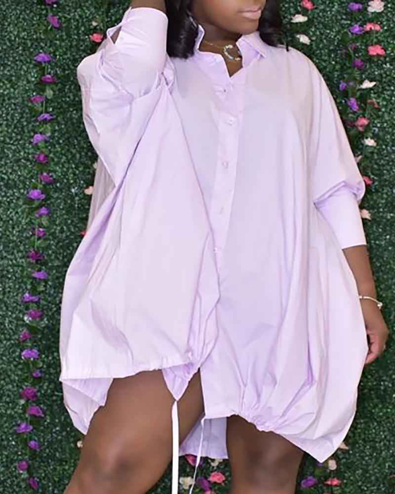 

Batwing Sleeve Drawstring Buttoned Shirt Dress, Purple