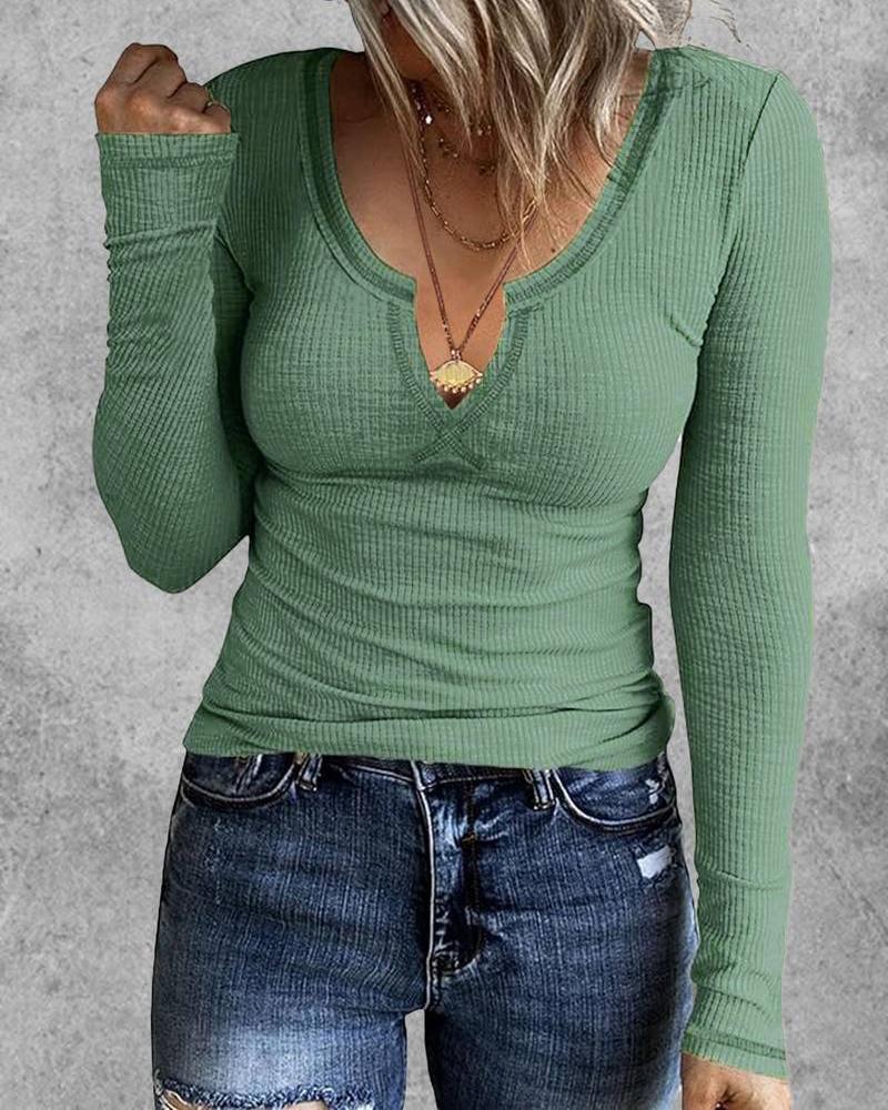 

Notch Neck Long Sleeve Top, Green