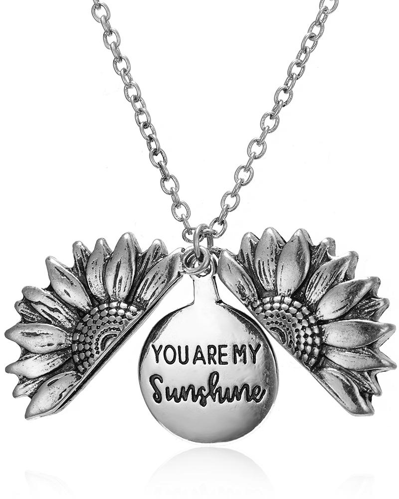 

1pc Engraved Hidden Message You Are My Sunshine Sunflower Locket Necklace, Silver