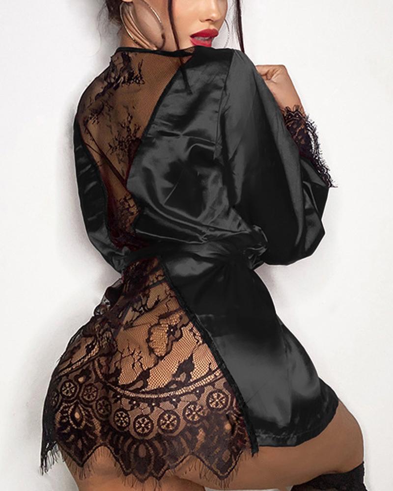

Contrast Lace Tied Detail Babydoll With Thong, Black