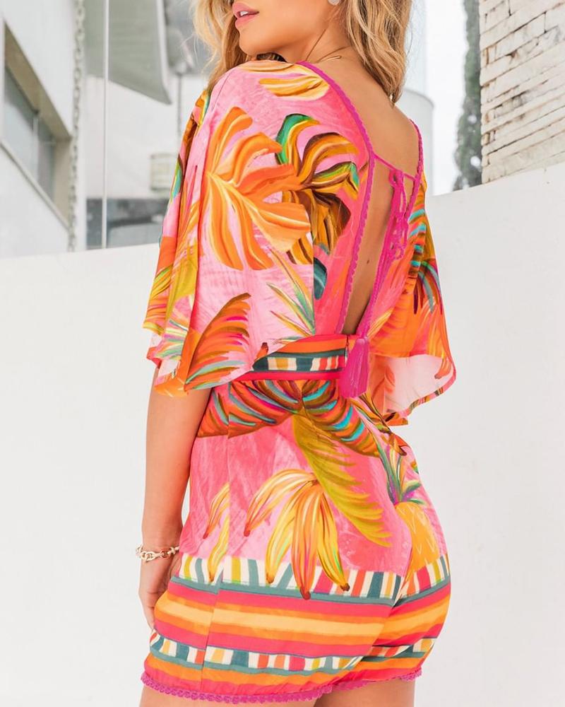

Tie Detail Tropical Print Half Sleeve Romper, Multicolor