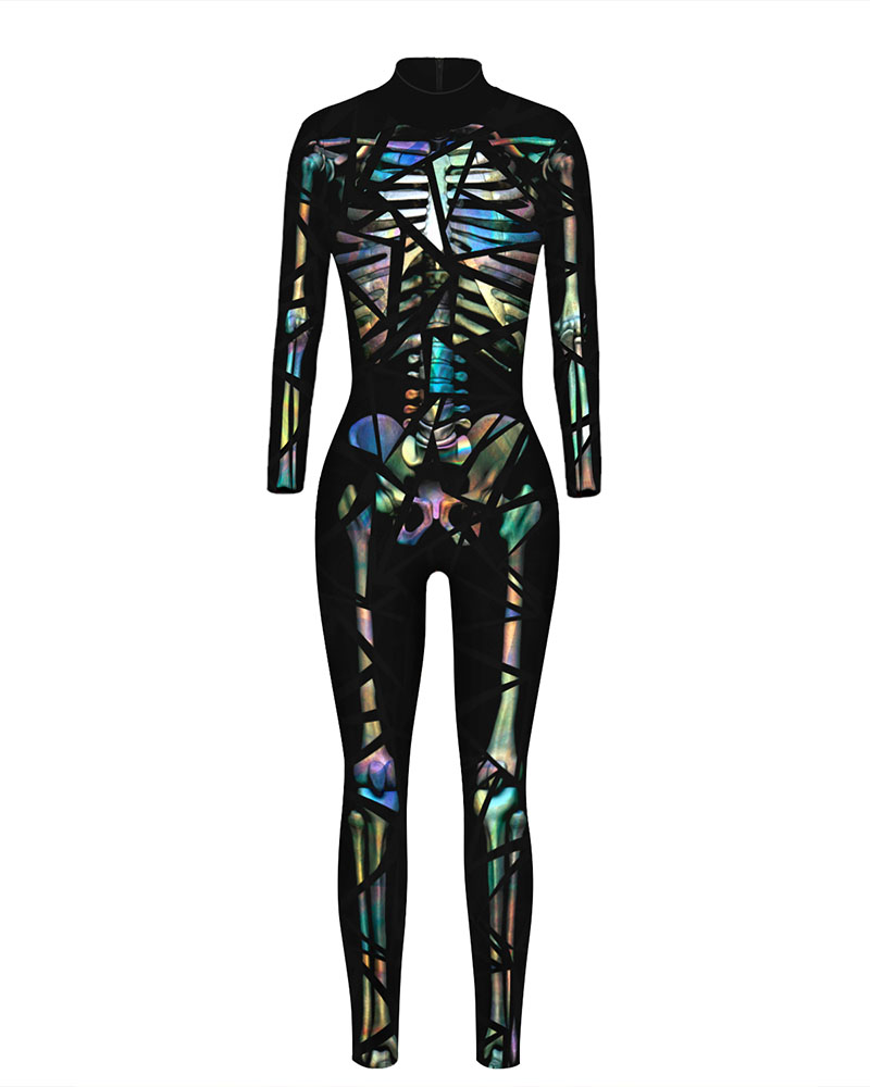 

Halloween Colorful Skeleton Print Costume Jumpsuit, Style2