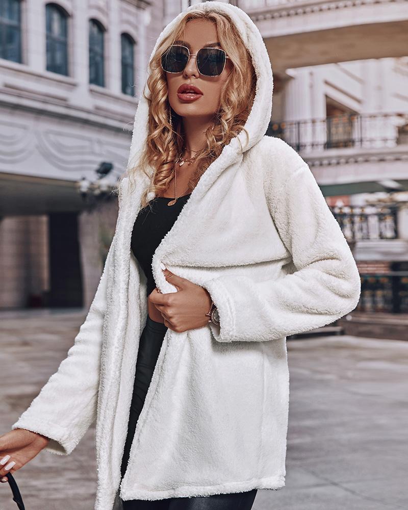 

Fluffy Long Sleeve Hooded Teddy Coat, White