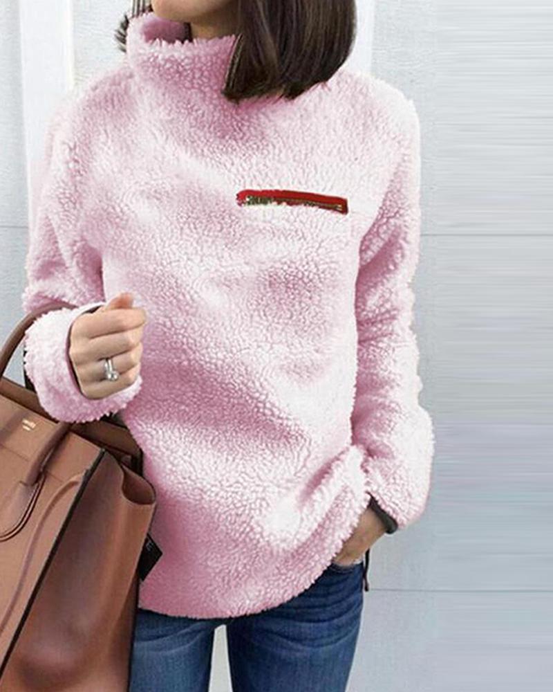 

Solid Turtleneck Pullover Fleece Loose Sweatshirt, Pink