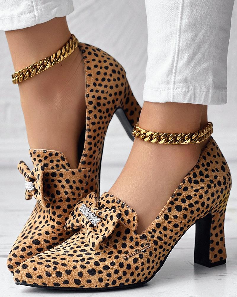 

Leopard Pattern Bowknot Decor Pumps, Yellow