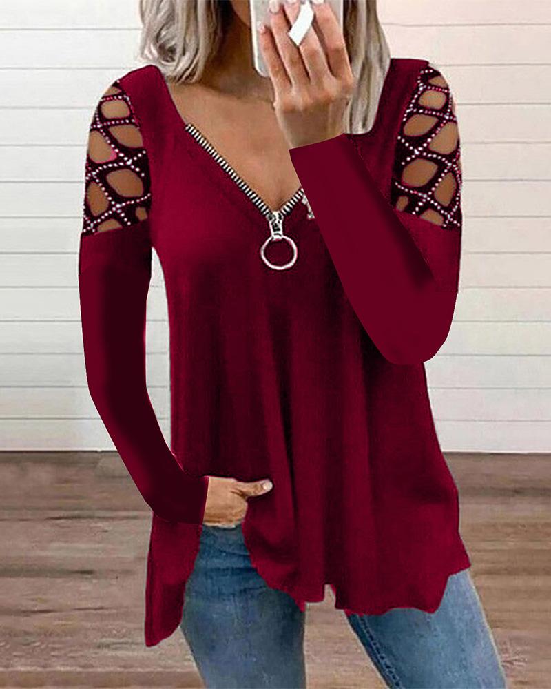 

Studded Hollow-Out Zipper Front Long Sleeve Top, Red