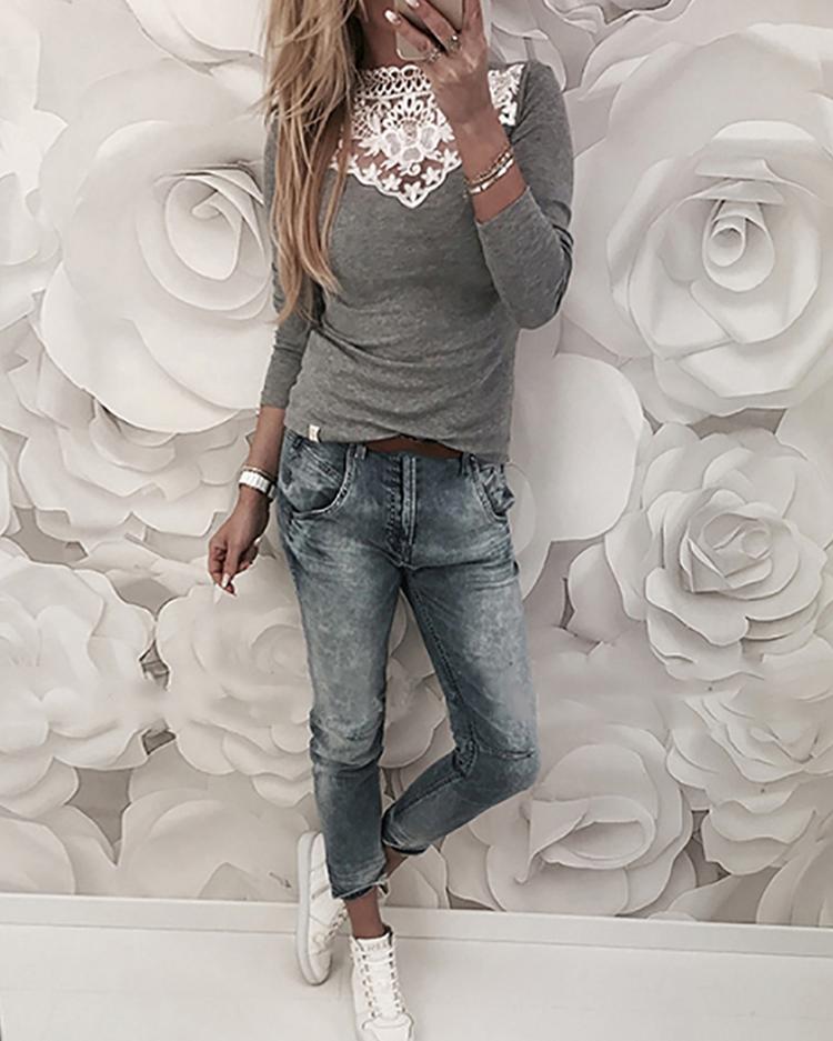 

Appliqued Patchwork Casual T-Shirt, Gray