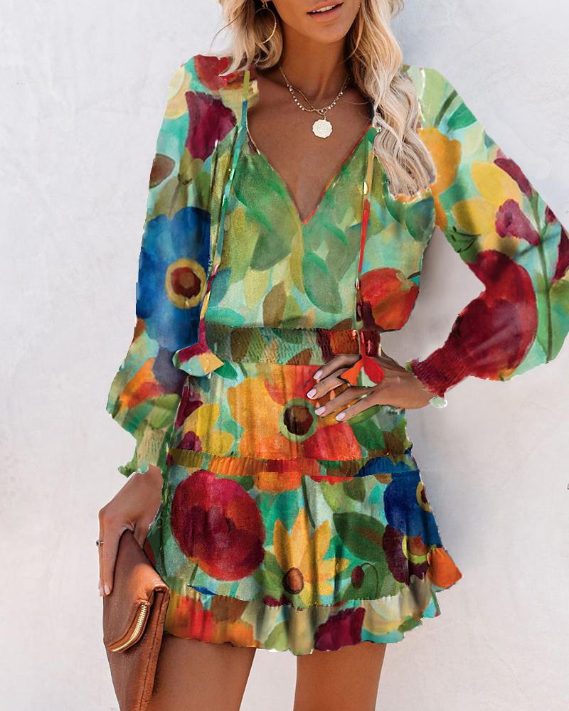 

Floral Print Long Sleeve Skinny Waist Mini Dress, Multicolor