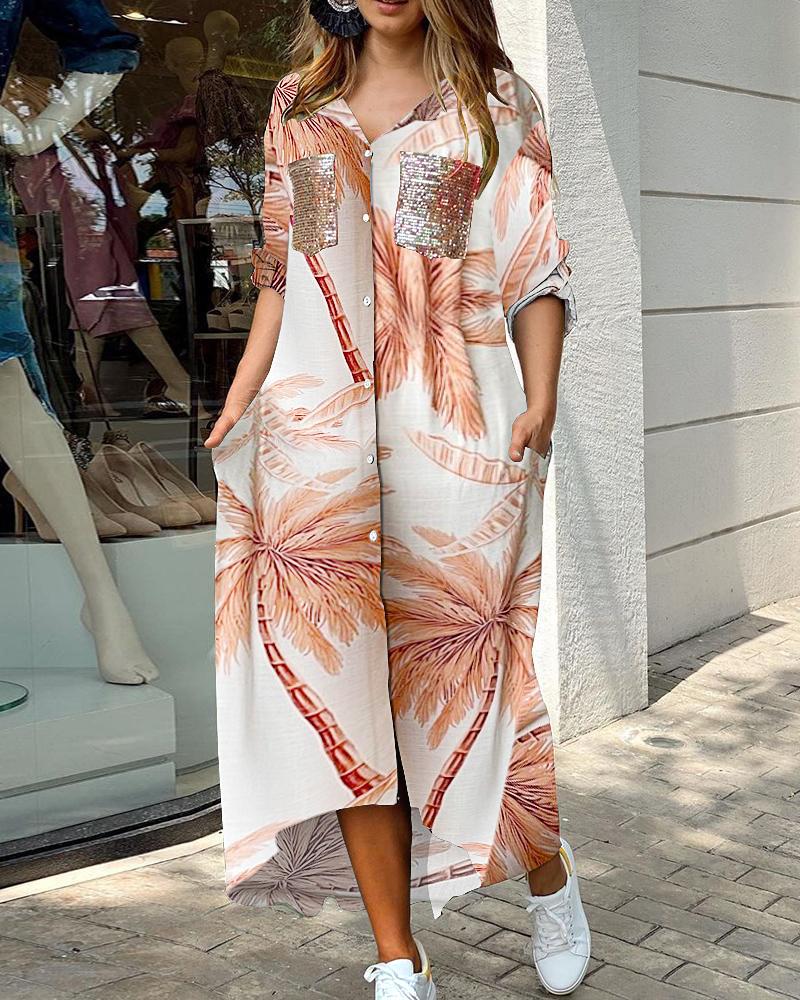 

Palm Tree Print Sequins Pocket Design Shirt Dress Women, Orange