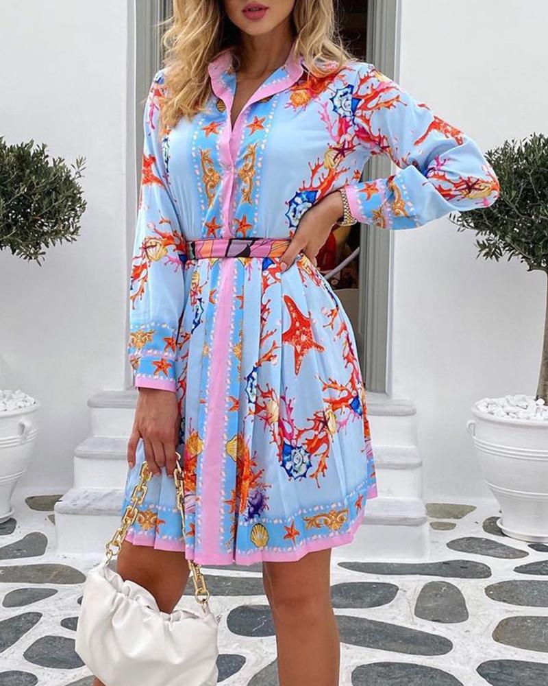

Scarf Print Button Front Belted Pleated Shirt Dress, Blue