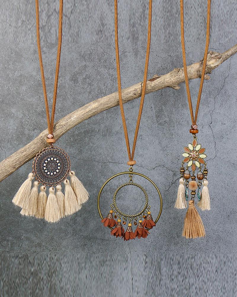 

3PCS Bohemian Tassel Decor Pendant Necklace, Khaki
