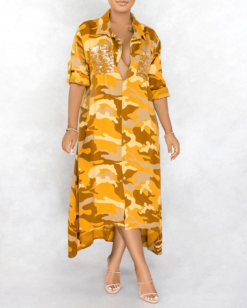 

Camouflage Print Sequins Pocket Design Buttoned Coat, Yellow