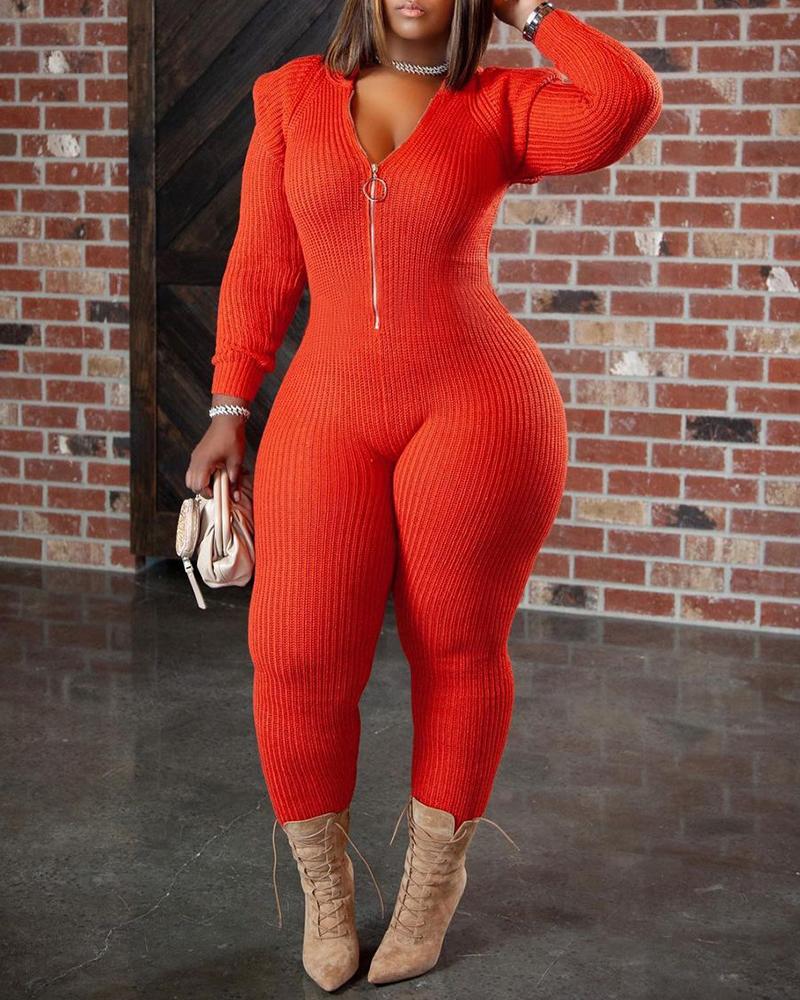 

Padded Shoulder Zipper Design Hooded Knit Jumpsuit, Orange