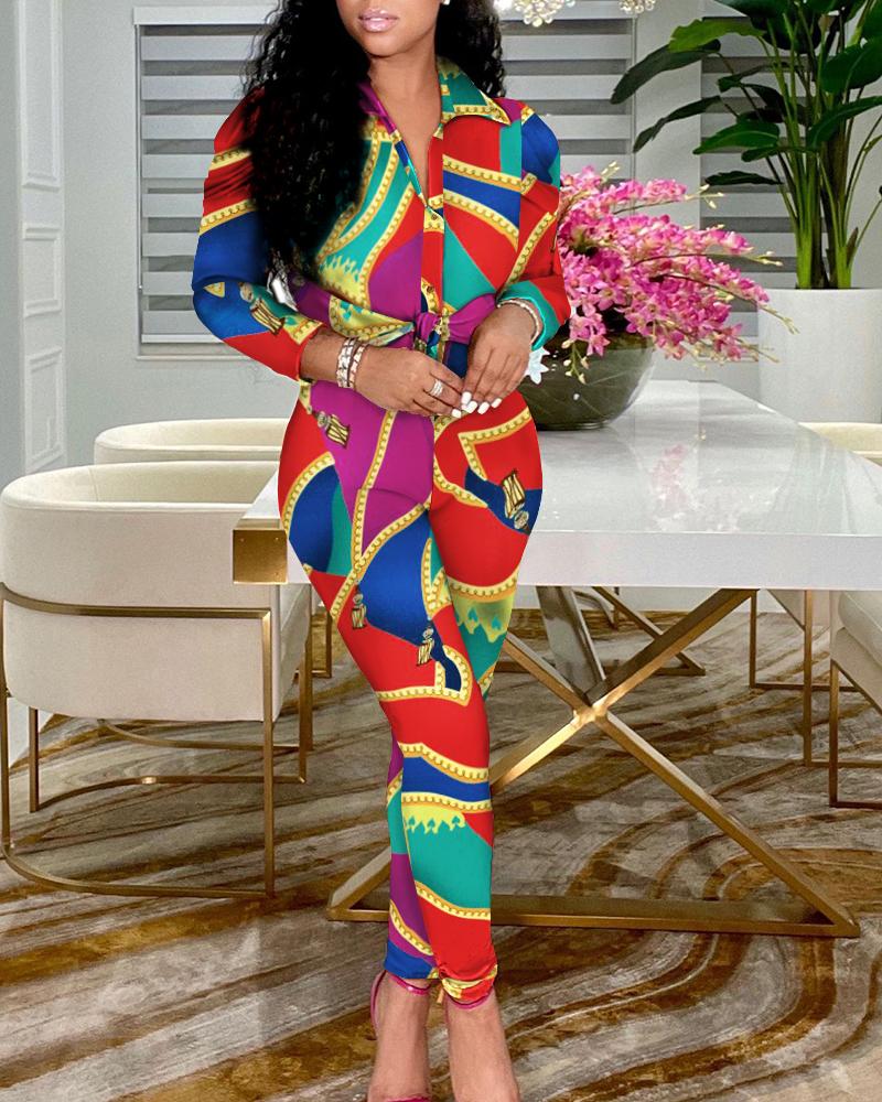 

Colorblock Draped Detail Button Up Top & Skinny Pants Set, Multicolor