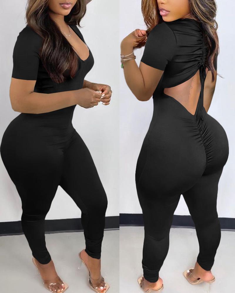 

Cutout Back Drawstring Ruched Skinny Jumpsuit, Black