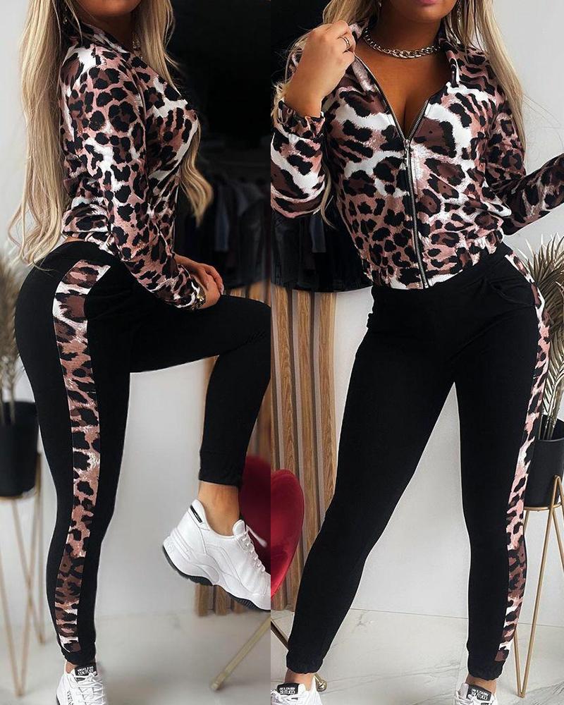 

Two Piece Sets Casual Long Sleeve Leopard Print Zip Up Top & Pants Set