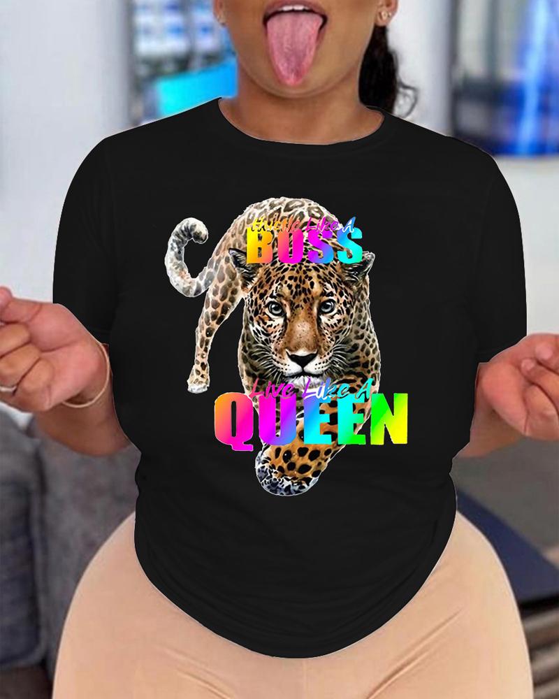 

Plus Size Animal Letter Print Casual T-shirt, Black