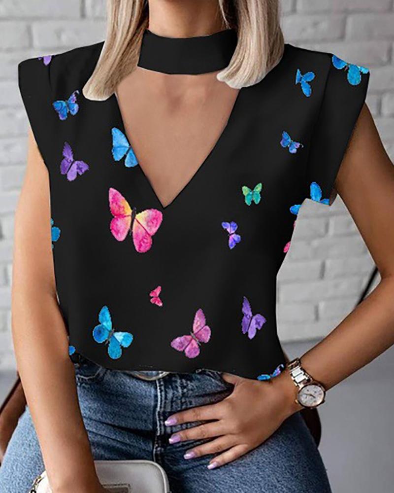 

Butterfly Print Cutout Casual Top, Black