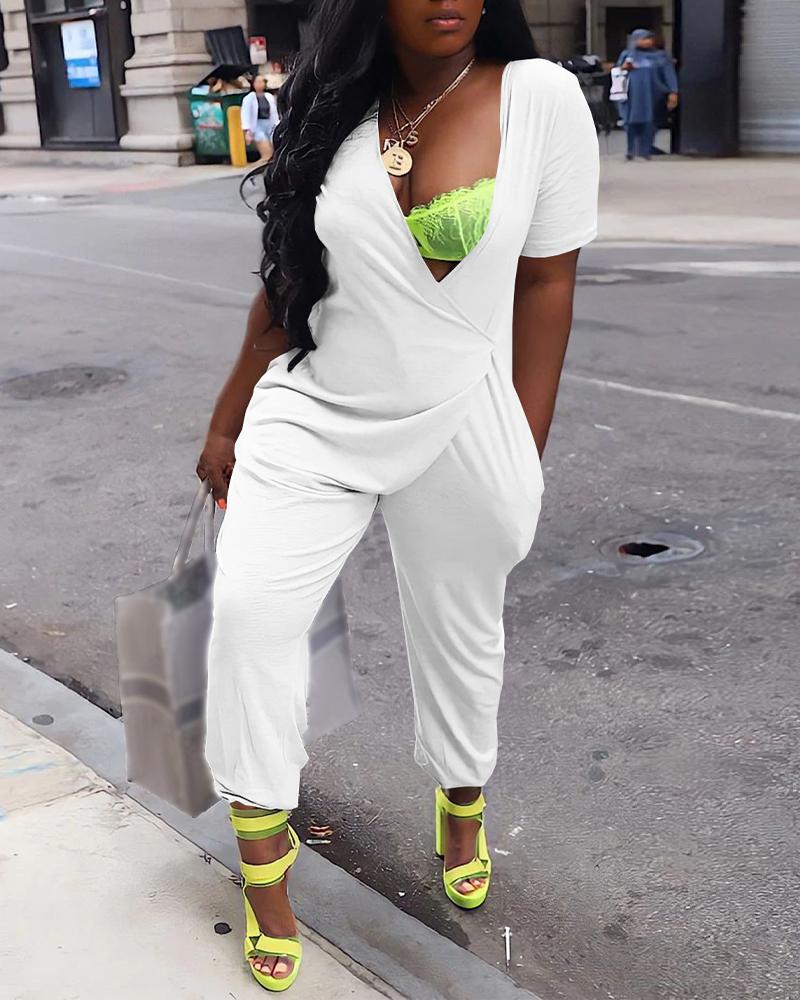

Plain Pocket Design Deep V-Neck Jumpsuit, White