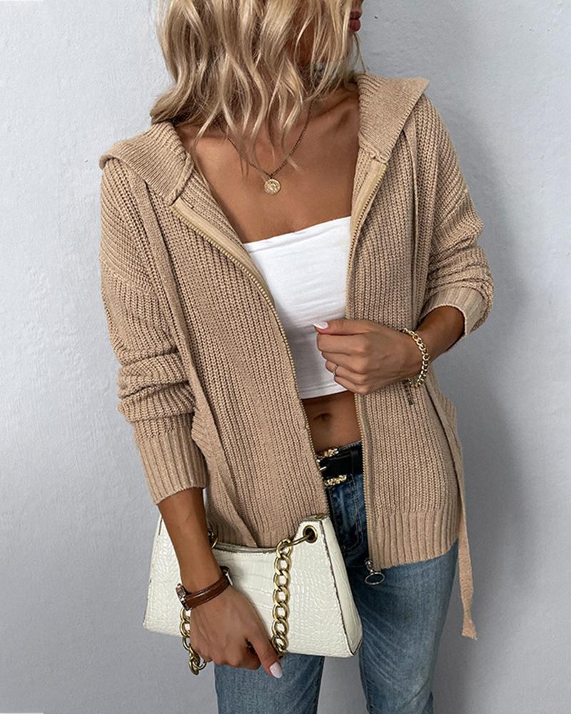 

Zipper Pocket Design Hooded Knit Cardigan, Khaki
