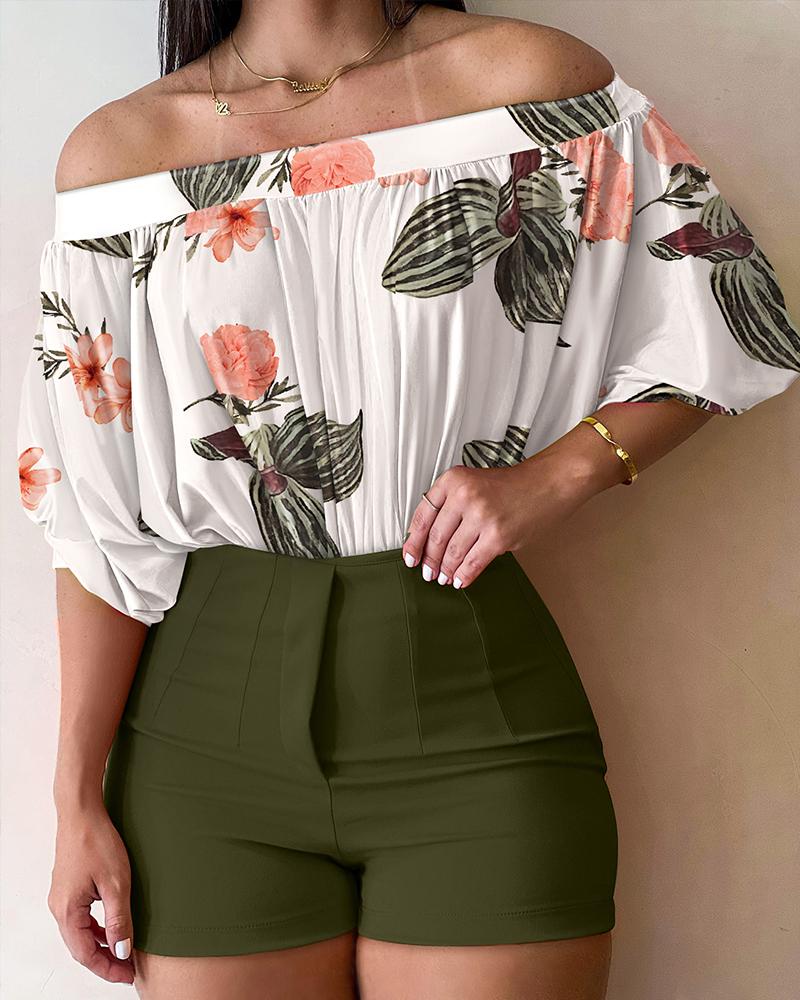 

Plants Print Ruched Off Shoulder Top & Shorts Set, Army green