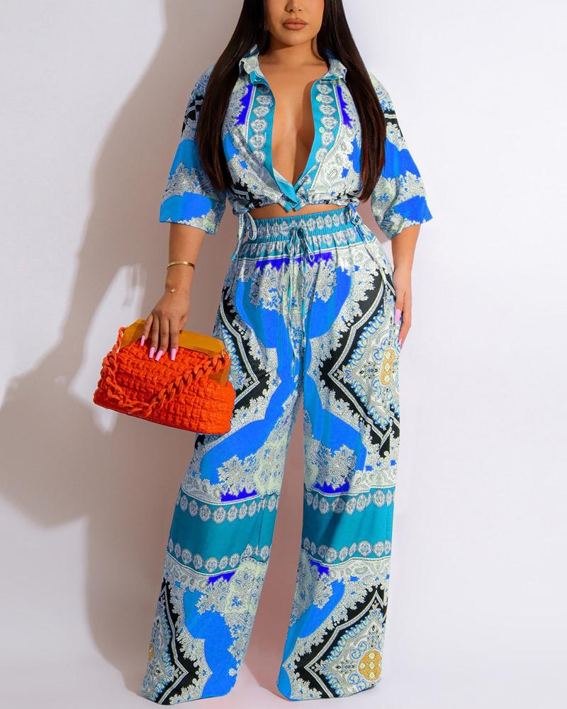 

Paisley Scarf Print Crop Top & Wide Leg Pants Set, Blue