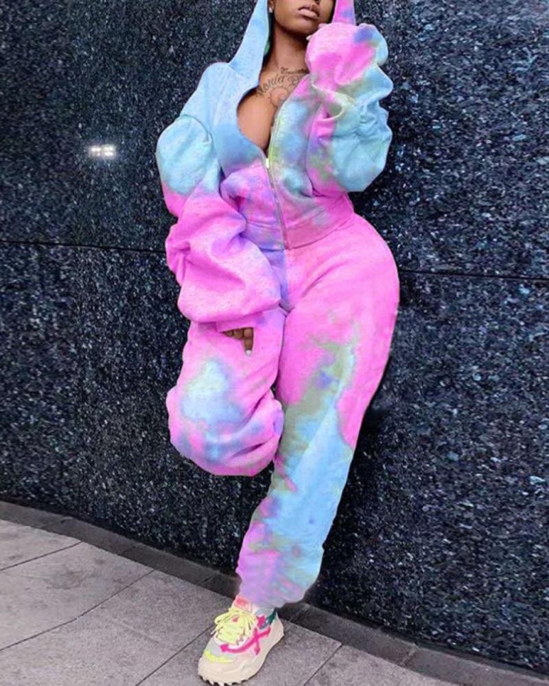 

Plus Size Tie Dye Print Hooded Zip Up Top & Pants Set, Purple