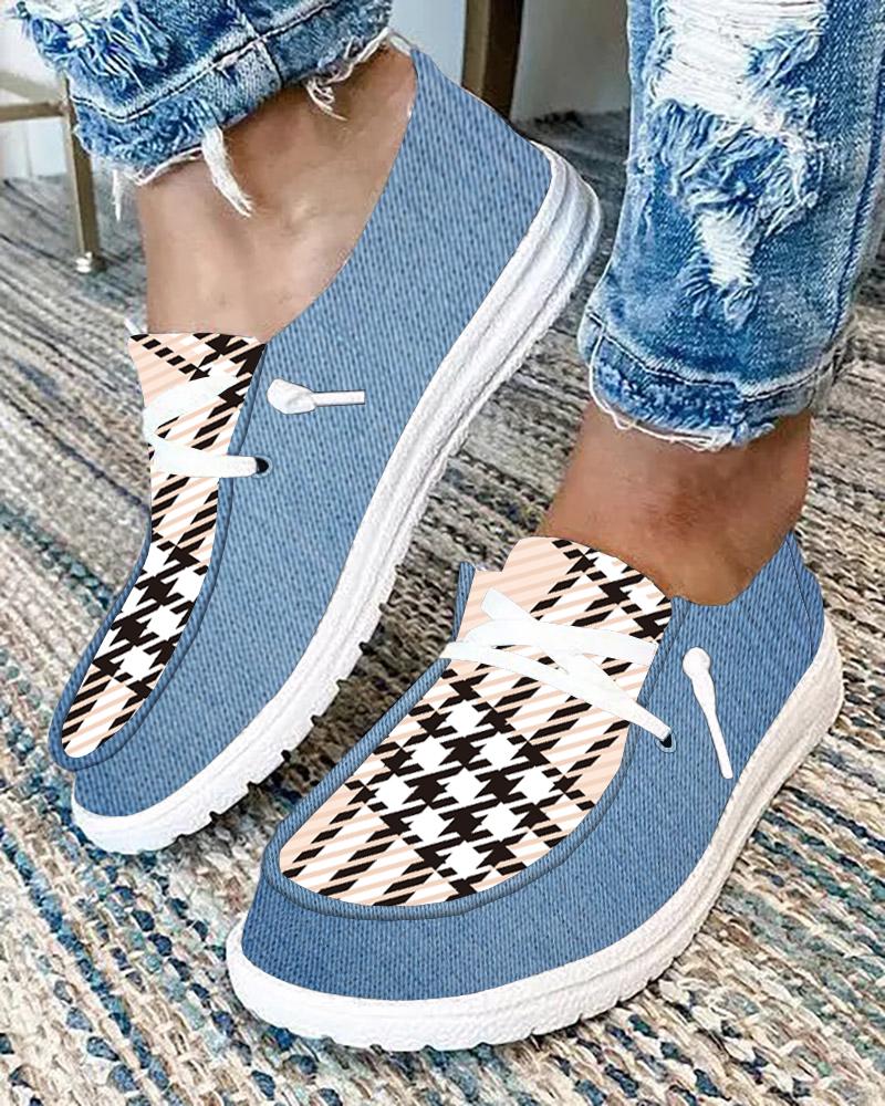 

Plaid Print Lace-up Casual Slip On Sneakers, Blue