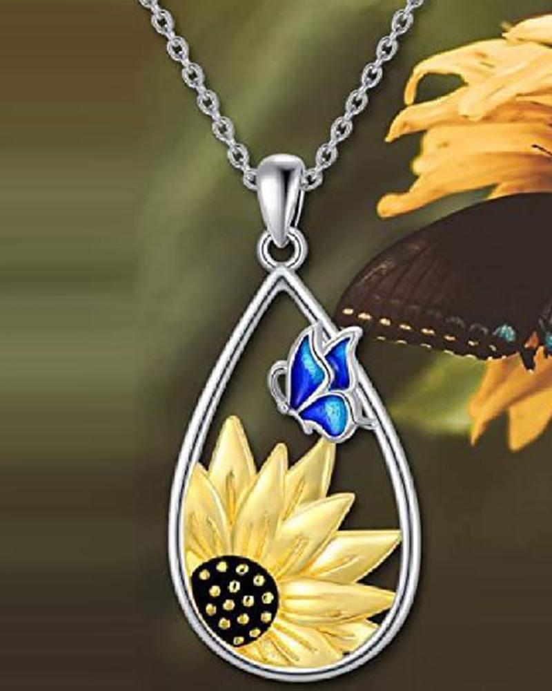 

1pc Sunflower Butterfly Water Drop Pendant Necklace, Silver