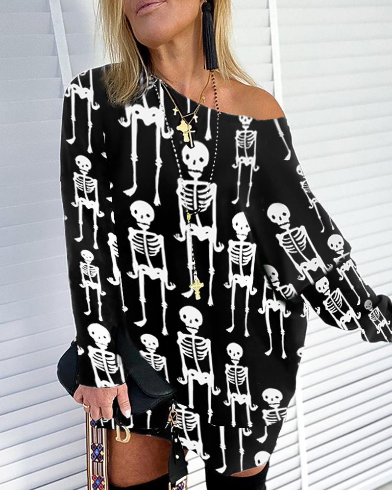 

Halloween Skeleton Print Long Sleeve Sweatshirt, Black