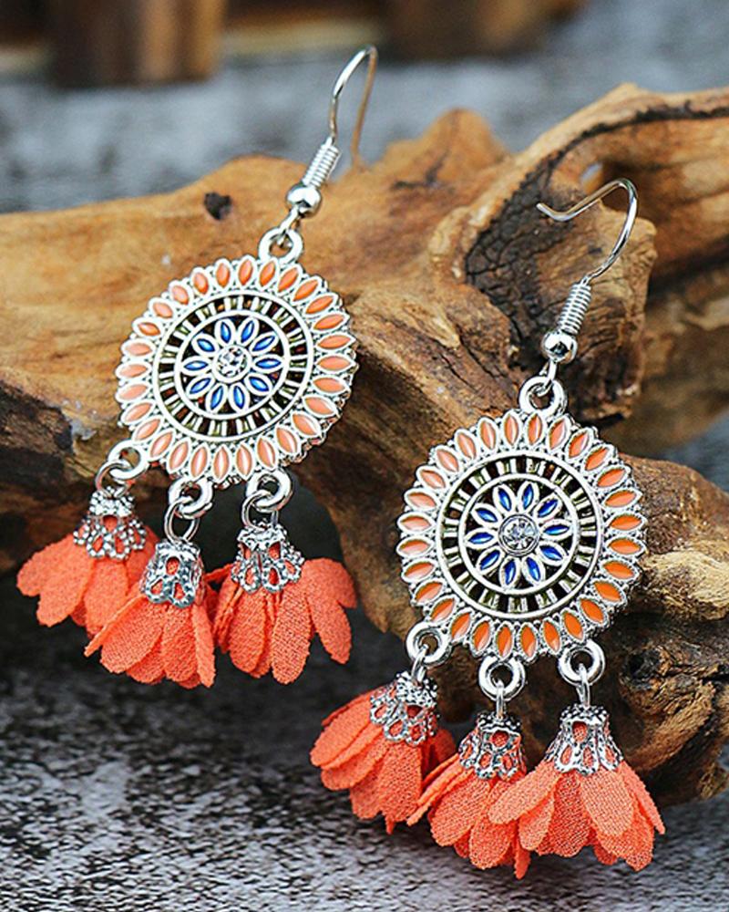 

1Pair Colorblock Floral Pattern Tassel Design Hollow Out Drop Earrings, Orange