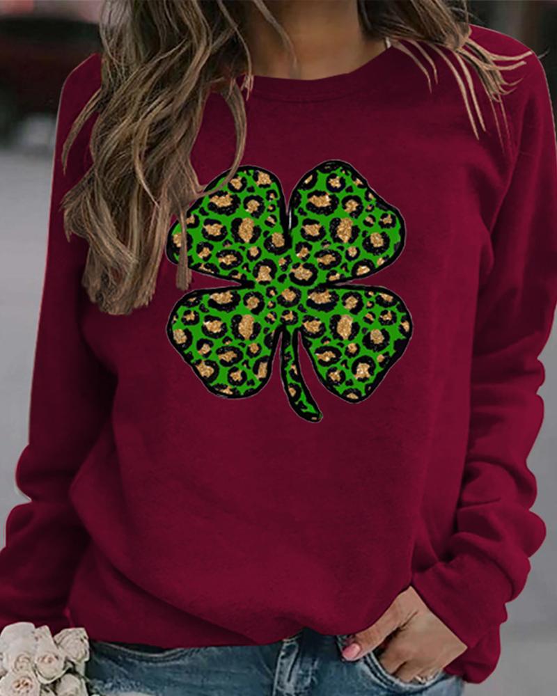 

St.Patrick' Day Clover Print Round Neck Long Sleeve Top, Wine red