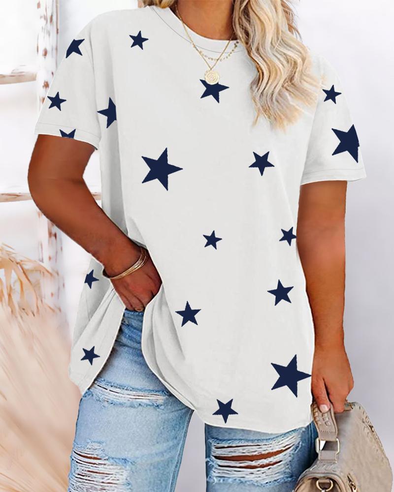 

Plus Size Star Print Crew Neck Casual T-shirt, White