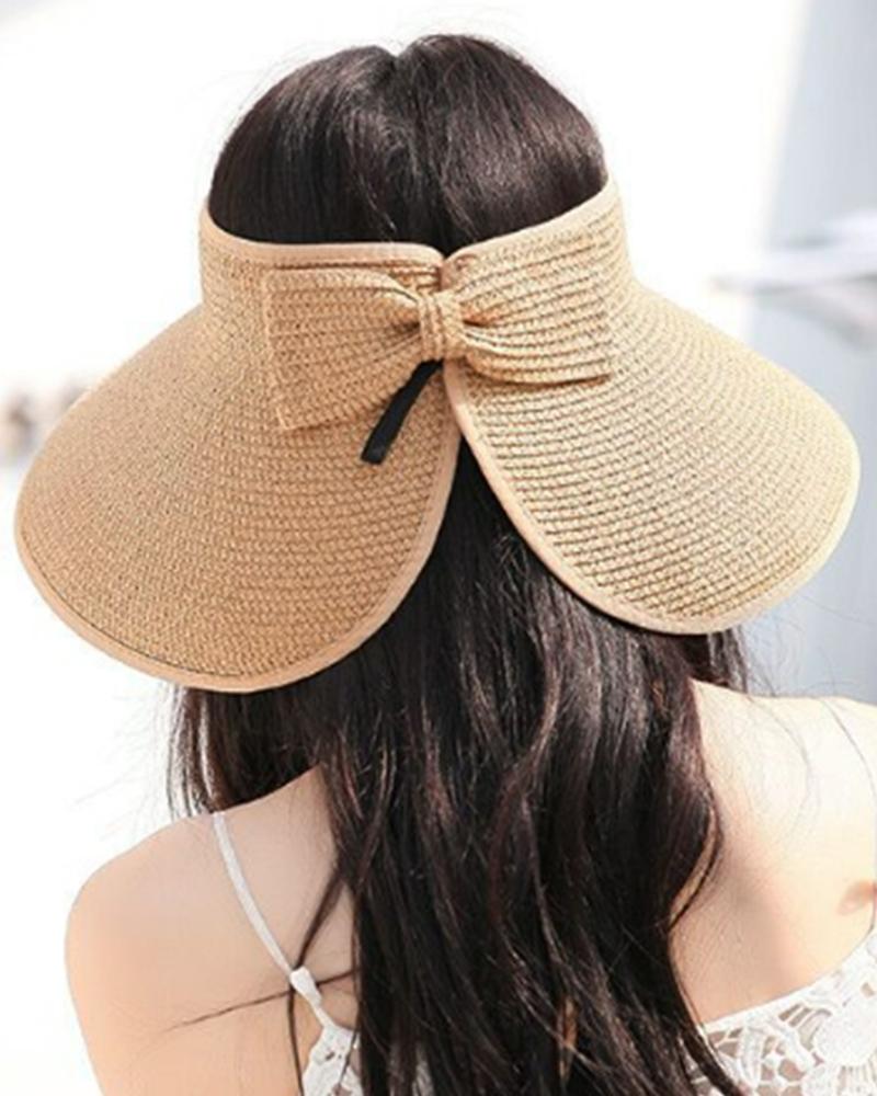 

Bowknot Design Wide Brim Sun Visor Straw Hat, Apricot